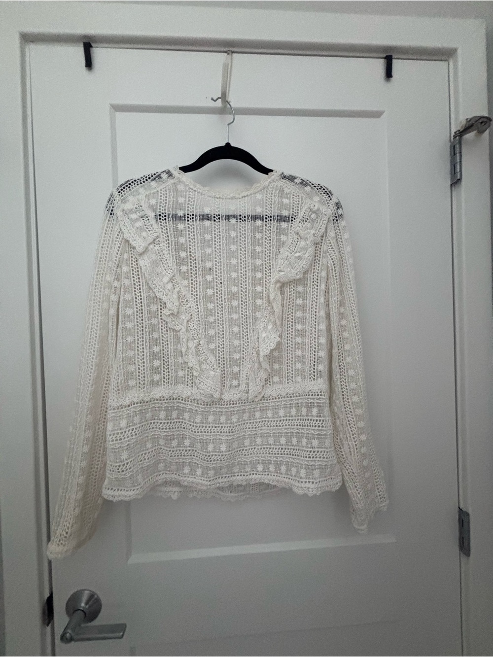 Sezane Made in Italy White Lace Ruffle Long-Sleeve Top